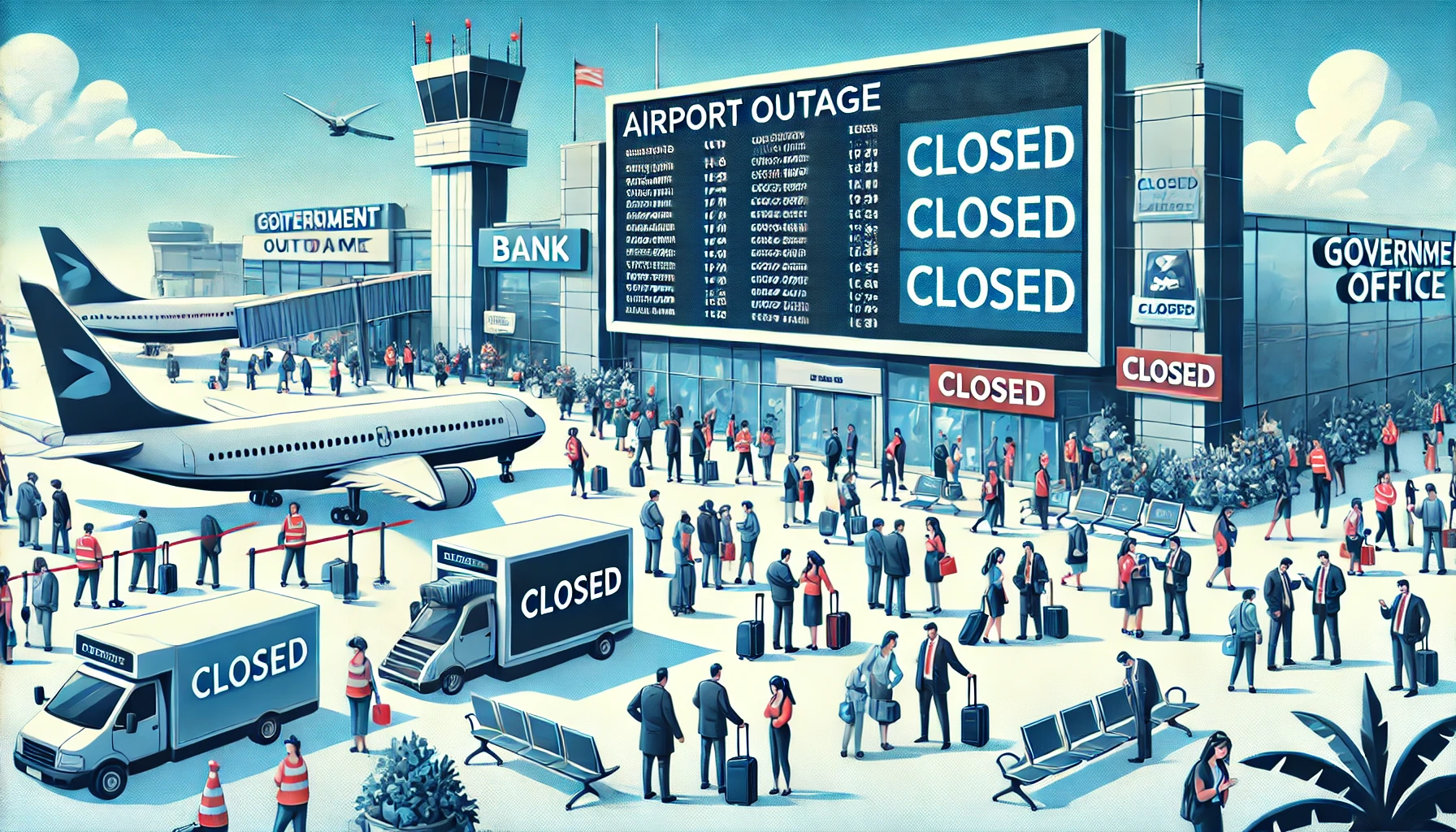 A busy airport terminal with grounded flights. People are waiting in long lines with worried expressions, and large blue screens display error messages. Nearby, a bank with closed signs has frustrated customers standing outside. Additionally, a government office has a closed notice on the door with people waiting outside. This scene depicts the widespread impact of a major IT outage caused by a faulty software update, affecting aviation, banking, and government services.